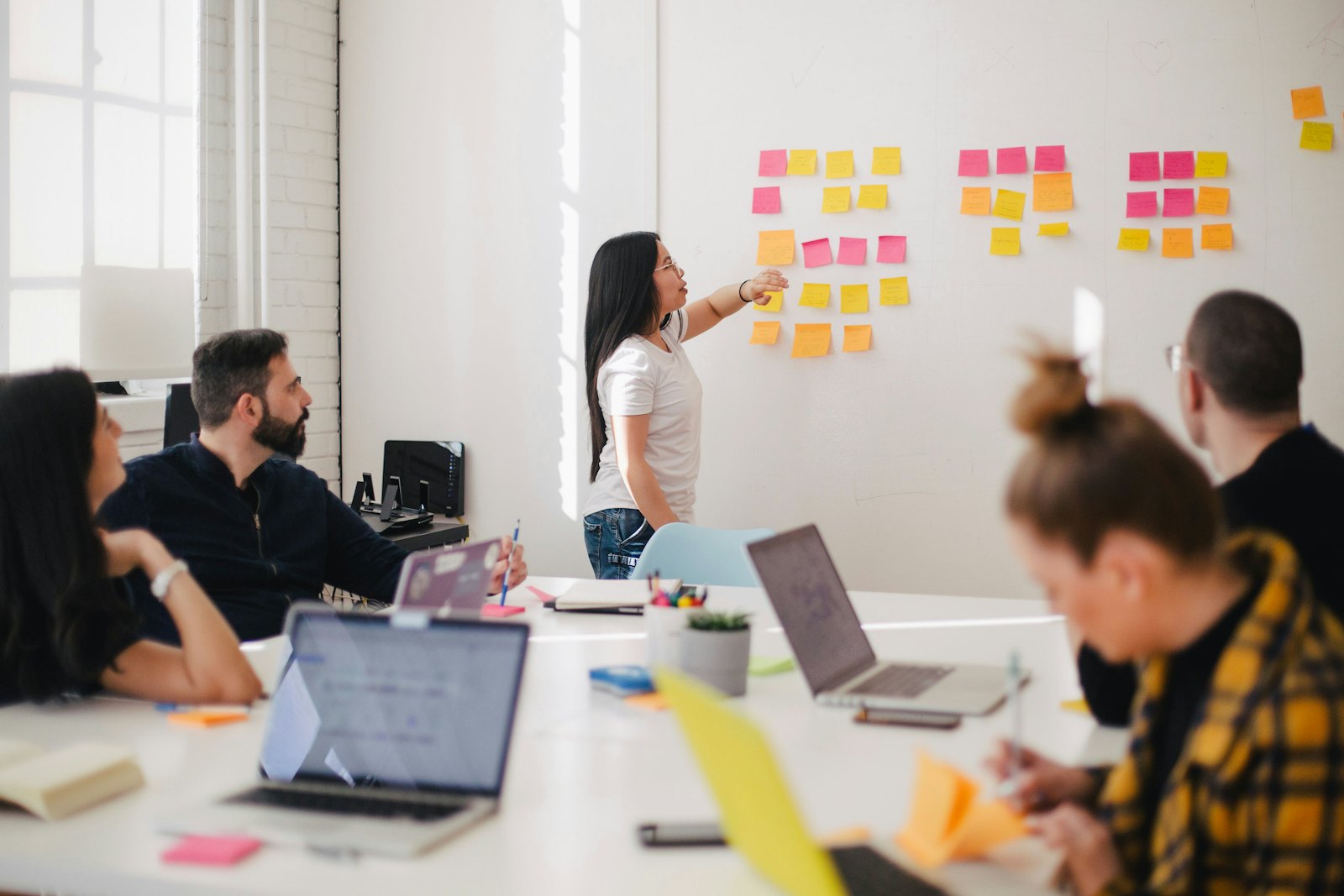 A product team mapping out a new product on a whiteboard
