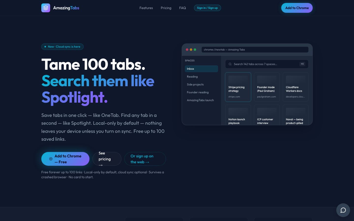 Amazing Tabs homepage on a desktop browser