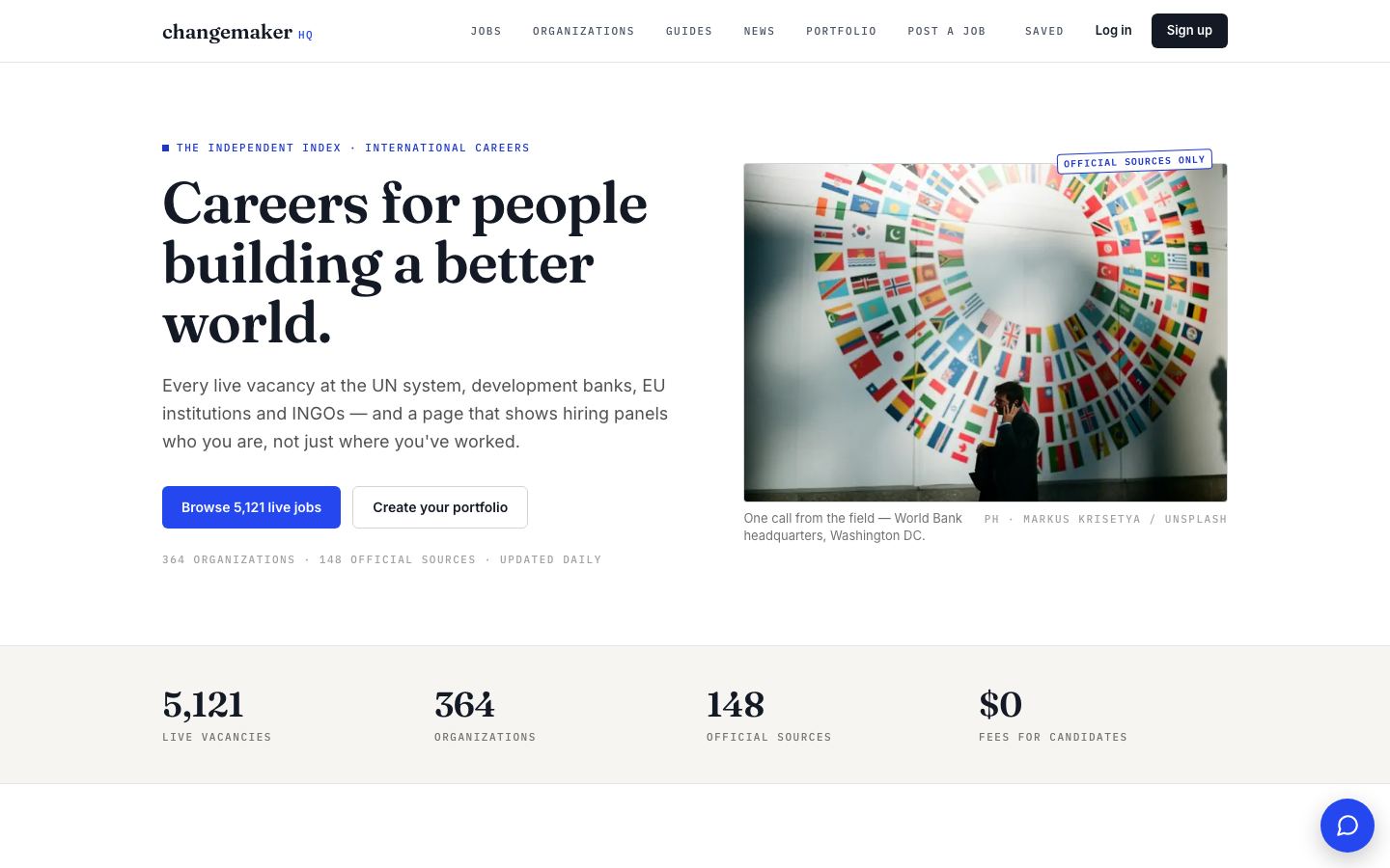 changemaker homepage on a desktop browser