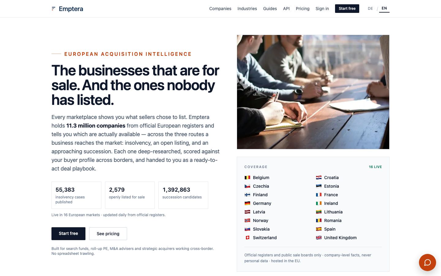 Emptera homepage on a desktop browser