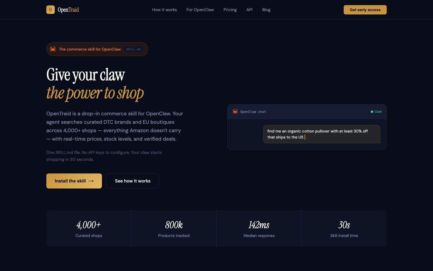 OpenTraid homepage on a desktop browser