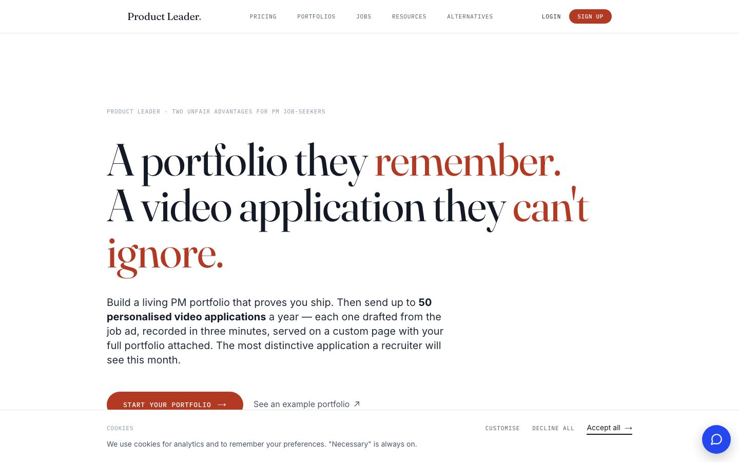 Product Leader homepage on a desktop browser