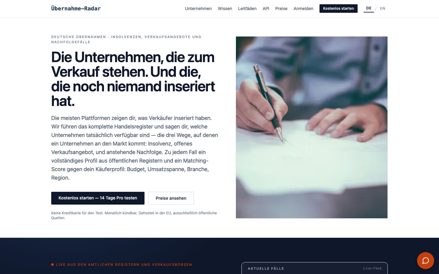 Übernahme-Radar homepage on a desktop browser