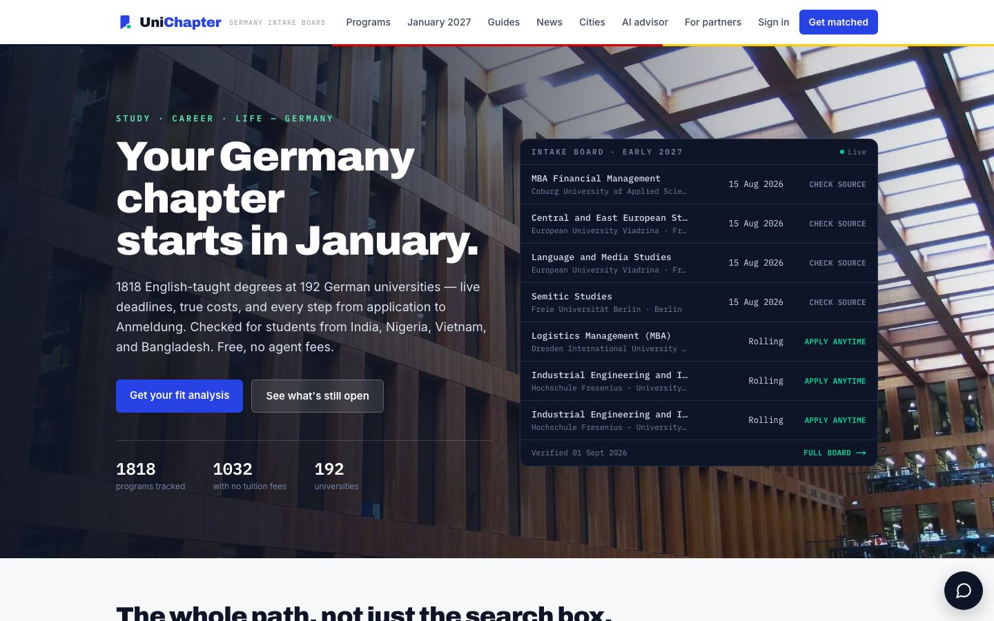 UniChapter homepage on a desktop browser